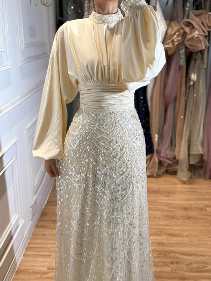 Luxury Muslim Green Satin Beaded Mermaid Evening Dress LA73676