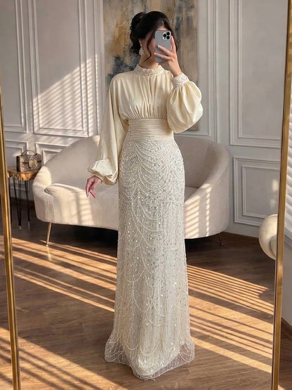 Luxury Muslim Green Satin Beaded Mermaid Evening Dress LA73676