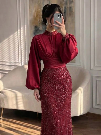 Luxury Muslim Green Satin Beaded Mermaid Evening Dress LA73676
