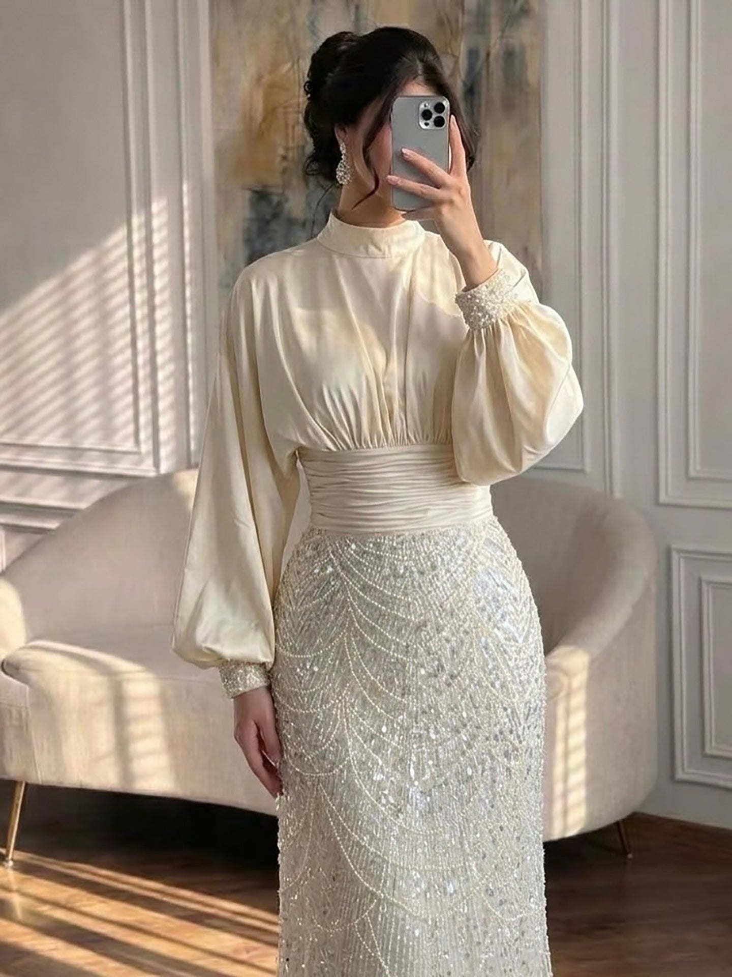 Luxury Muslim Green Satin Beaded Mermaid Evening Dress LA73676