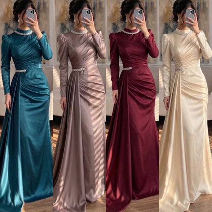 Luxury Muslim Green Satin Crystal Beaded Mermaid Evening Dress LA73677