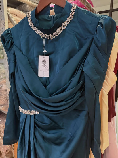 Luxury Muslim Green Satin Crystal Beaded Mermaid Evening Dress LA73677