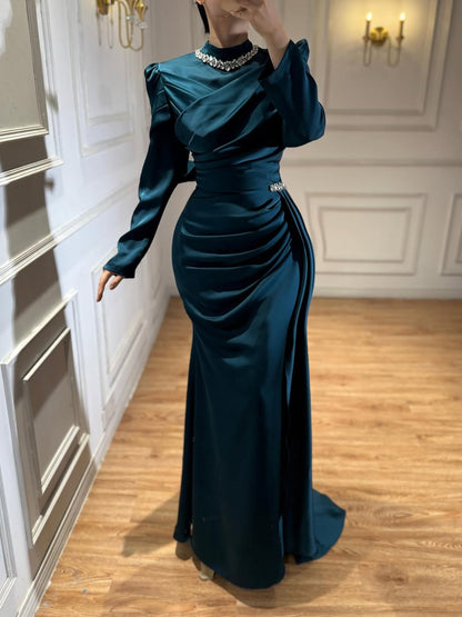 Luxury Muslim Green Satin Crystal Beaded Mermaid Evening Dress LA73677