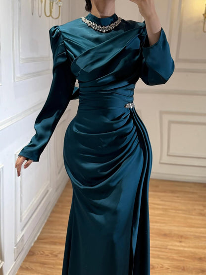 Luxury Muslim Green Satin Crystal Beaded Mermaid Evening Dress LA73677