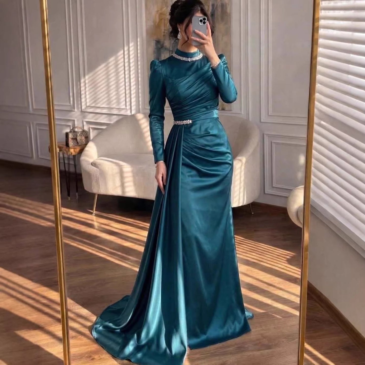 Luxury Muslim Green Satin Crystal Beaded Mermaid Evening Dress LA73677