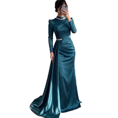 Luxury Muslim Green Satin Crystal Beaded Mermaid Evening Dress LA73677