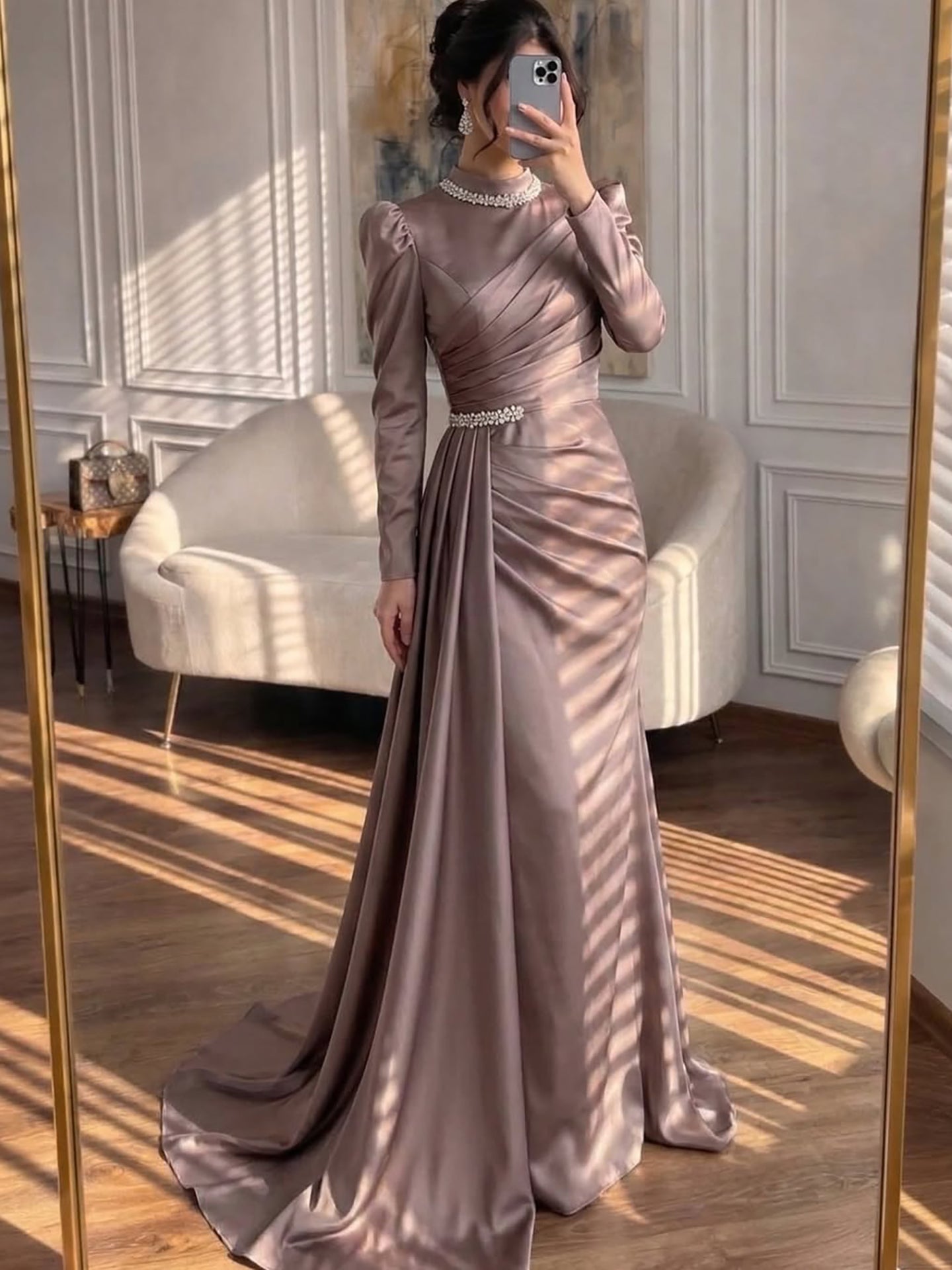 Luxury Muslim Green Satin Crystal Beaded Mermaid Evening Dress LA73677