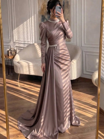 Luxury Muslim Green Satin Crystal Beaded Mermaid Evening Dress LA73677