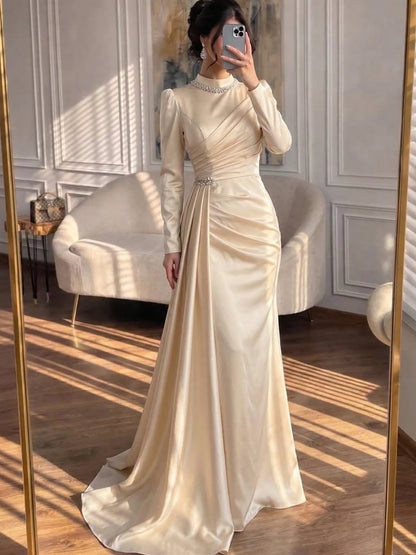 Luxury Muslim Green Satin Crystal Beaded Mermaid Evening Dress LA73677