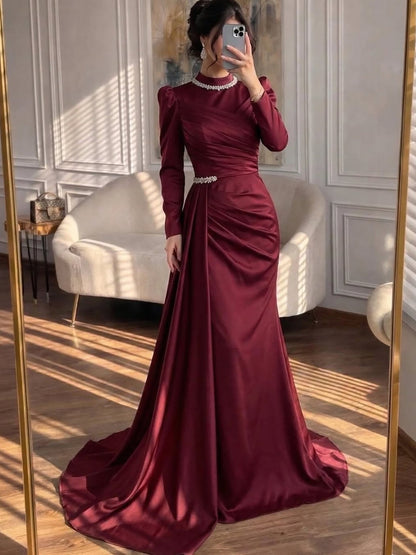 Luxury Muslim Green Satin Crystal Beaded Mermaid Evening Dress LA73677
