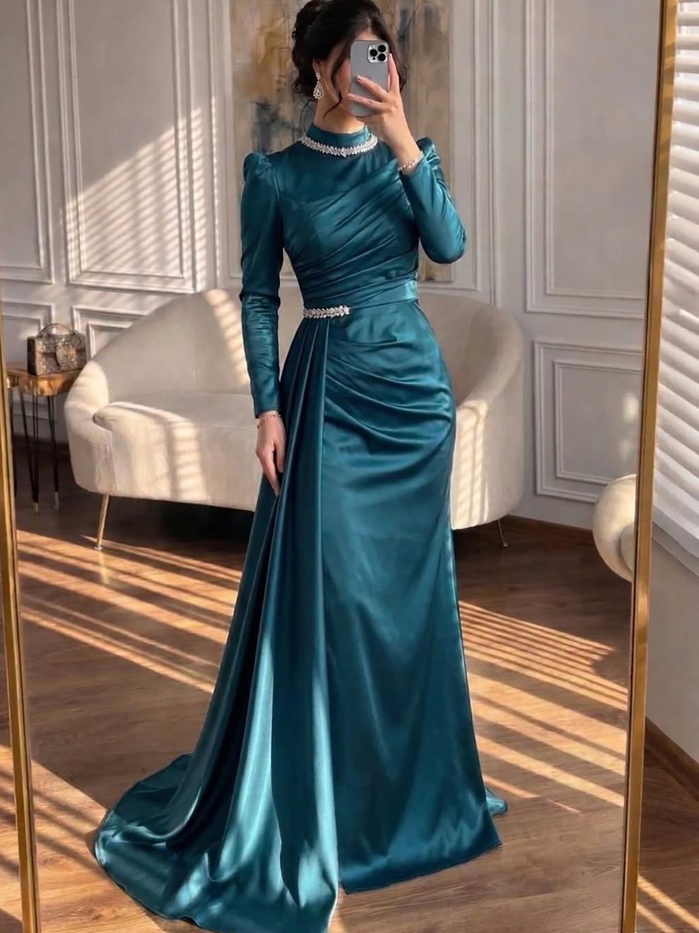 Luxury Muslim Green Satin Crystal Beaded Mermaid Evening Dress LA73677