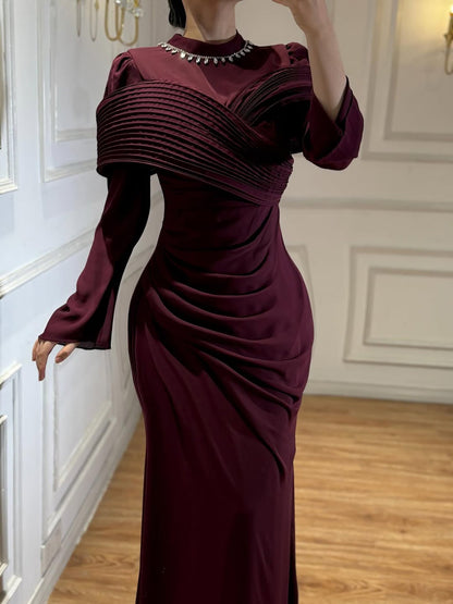 Luxury Wine Red Crystal Mermaid Ruched Long Sleeve Evening Dress LA73678