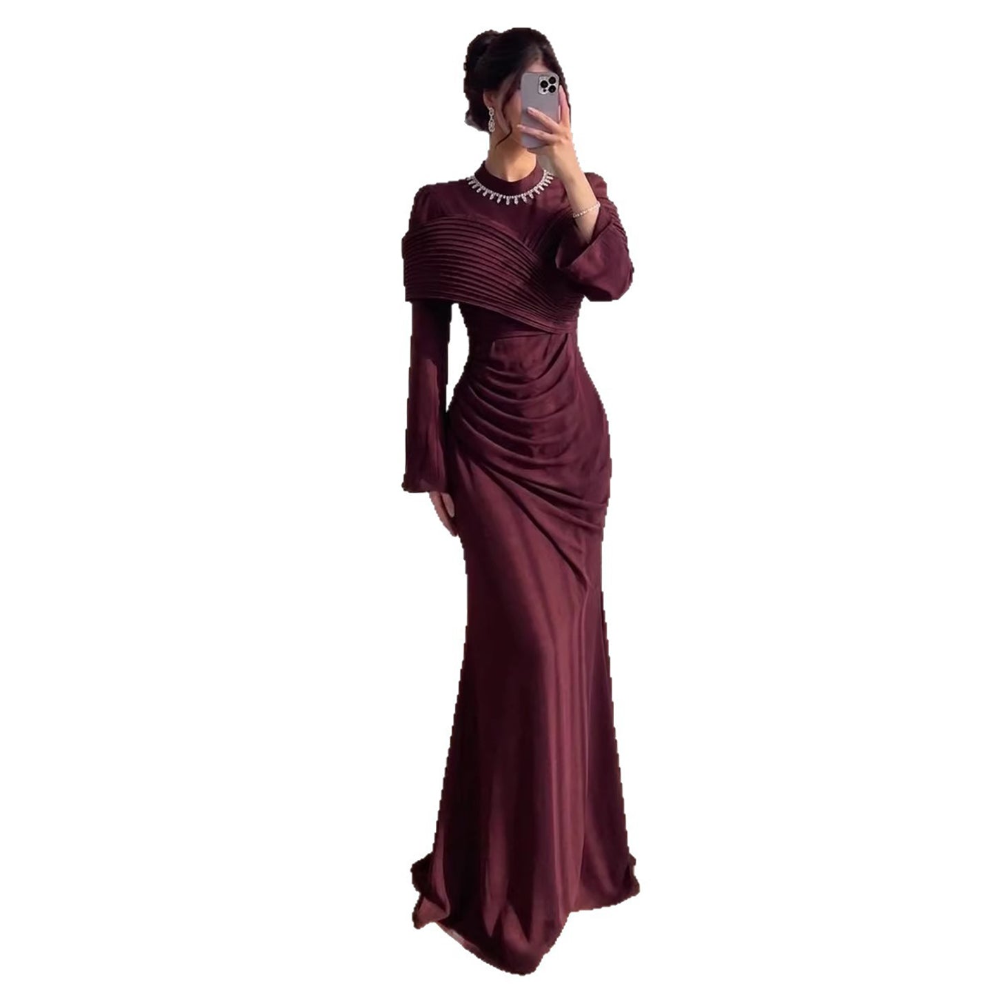 Luxury Wine Red Crystal Mermaid Ruched Long Sleeve Evening Dress LA73678