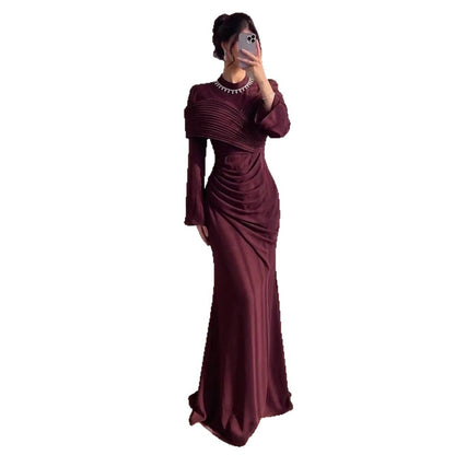 Luxury Wine Red Crystal Mermaid Ruched Long Sleeve Evening Dress LA73678
