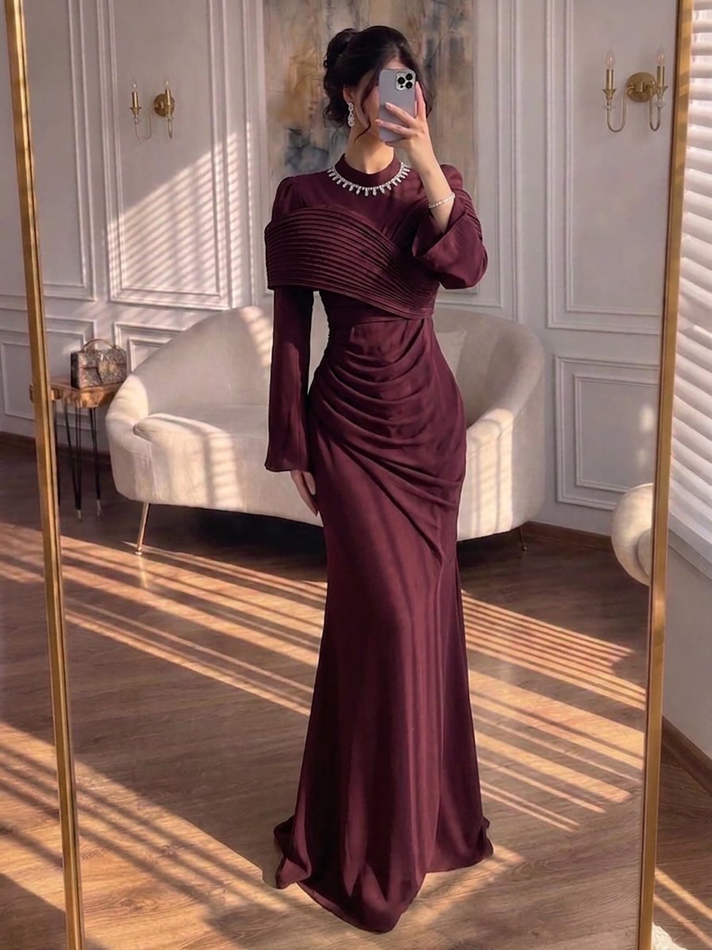 Luxury Wine Red Crystal Mermaid Ruched Long Sleeve Evening Dress LA73678