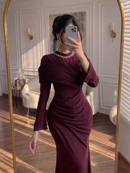 Luxury Wine Red Crystal Mermaid Ruched Long Sleeve Evening Dress LA73678