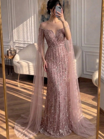 Luxury Gold Beaded Mermaid Evening Dress with Cape Sleeves LA73679