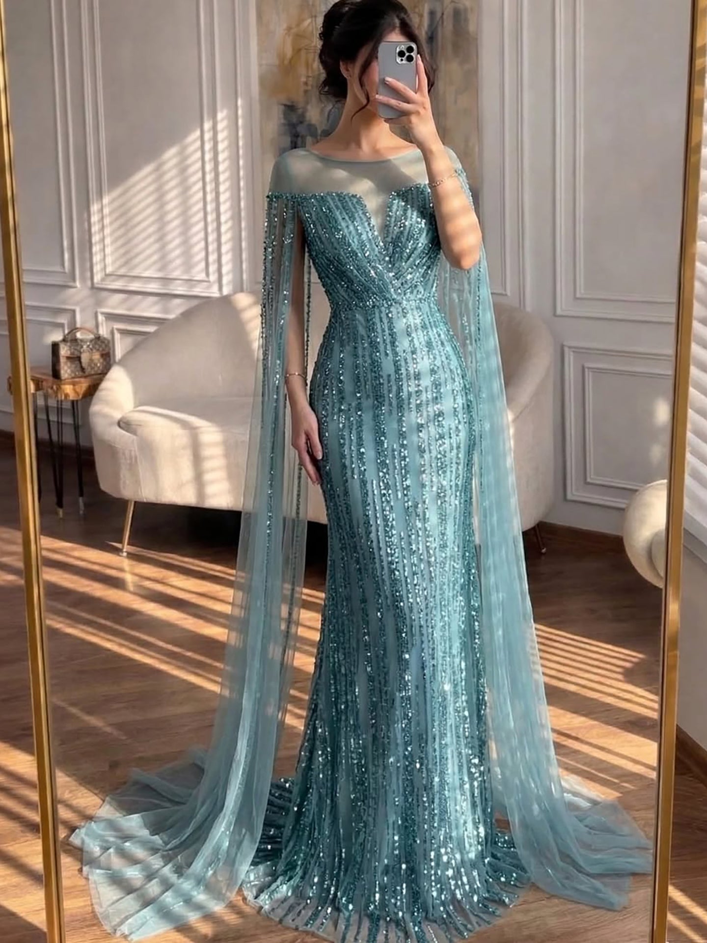 Luxury Gold Beaded Mermaid Evening Dress with Cape Sleeves LA73679