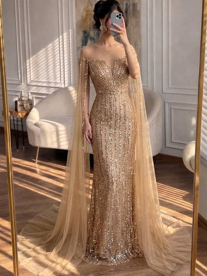 Luxury Gold Beaded Mermaid Evening Dress with Cape Sleeves LA73679
