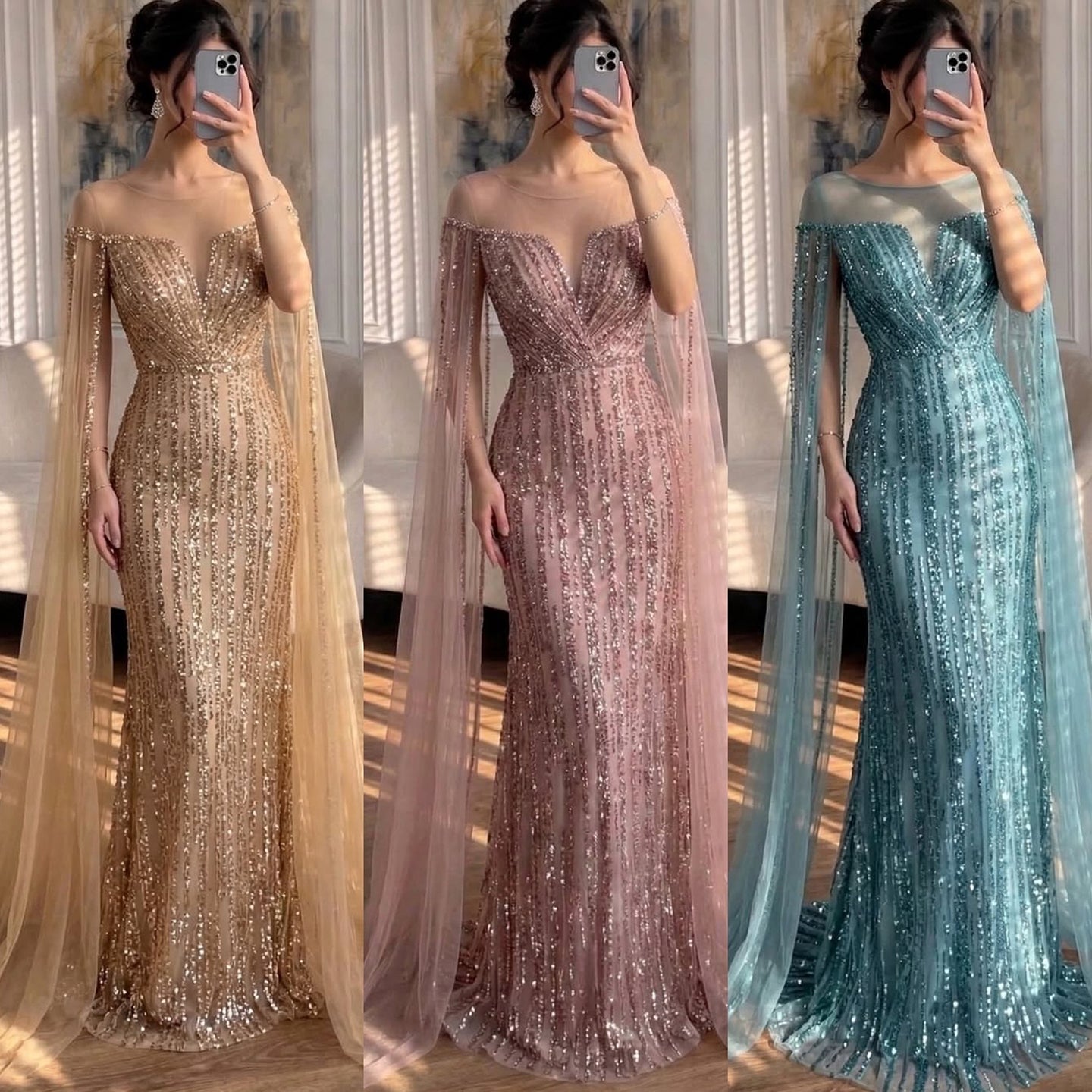 Luxury Gold Beaded Mermaid Evening Dress with Cape Sleeves LA73679