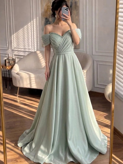 Luxury Pink Off Shoulder A-Line Evening Dress Ruched LA73681