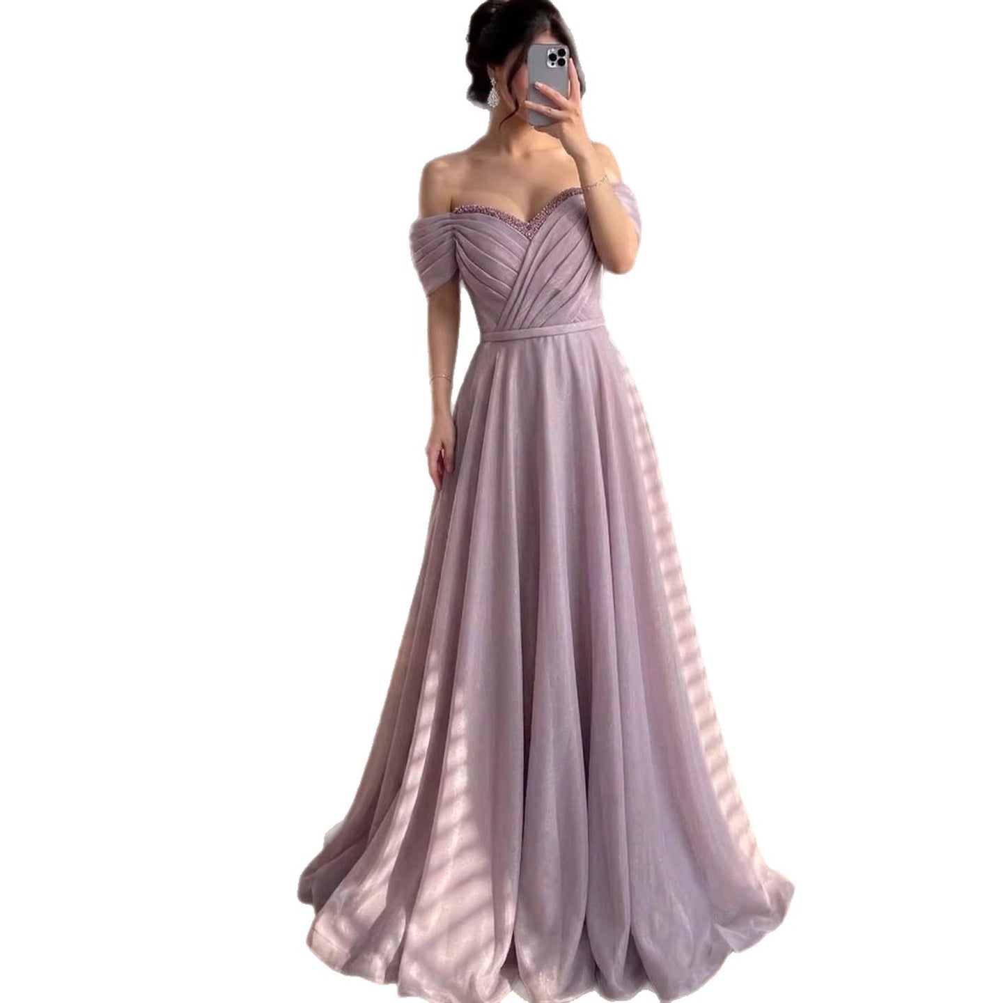 Luxury Pink Off Shoulder A-Line Evening Dress Ruched LA73681