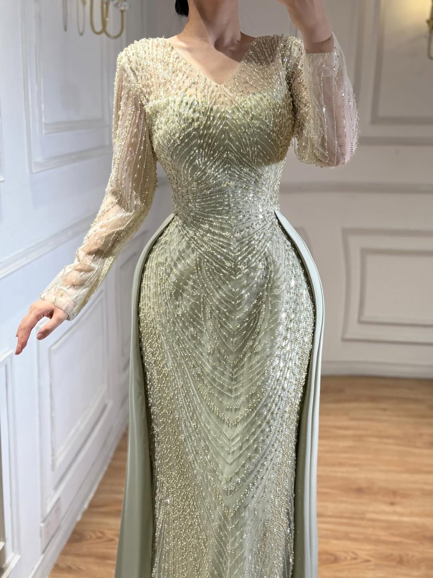 Luxury Sage Green Beaded Long Sleeve Overskirt Mermaid Dress LA73682
