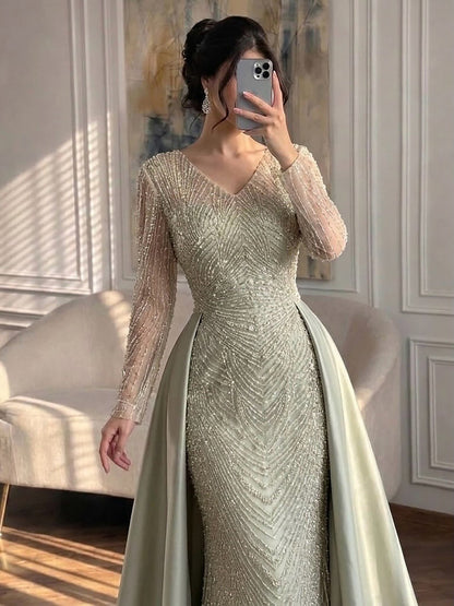 Luxury Sage Green Beaded Long Sleeve Overskirt Mermaid Dress LA73682
