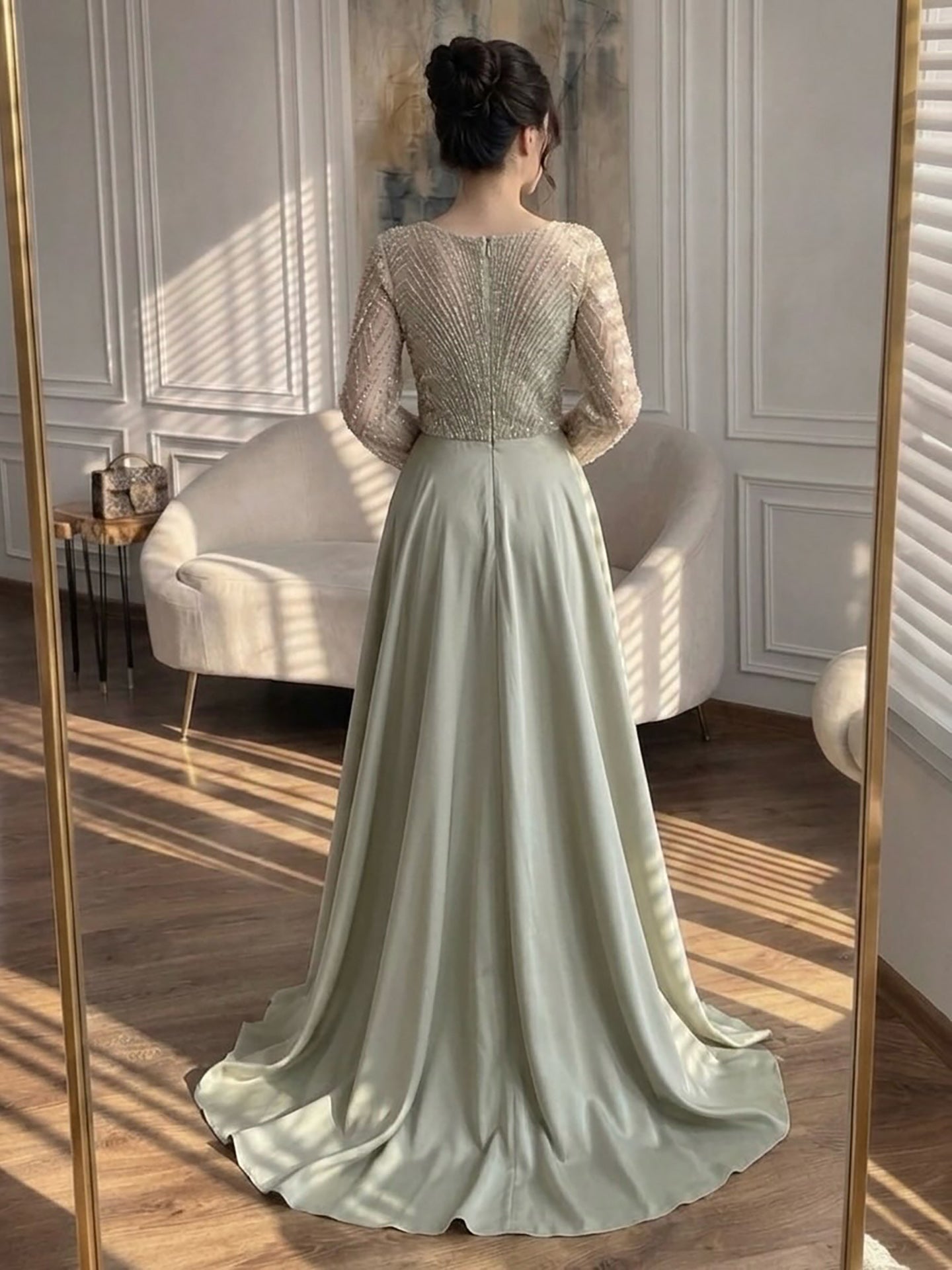 Luxury Sage Green Beaded Long Sleeve Overskirt Mermaid Dress LA73682