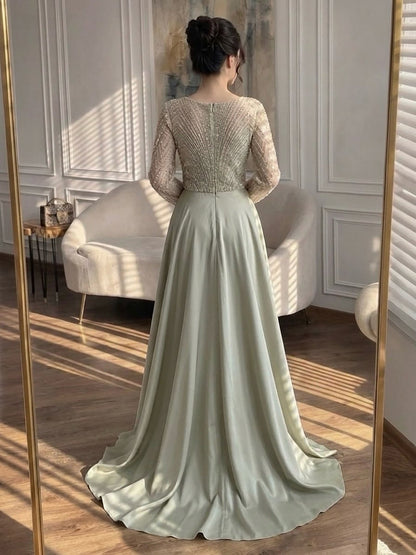 Luxury Sage Green Beaded Long Sleeve Overskirt Mermaid Dress LA73682