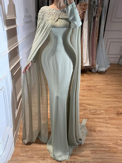 Luxury Green Beaded Cape Long Sleeve Satin Mermaid Dress LA73683