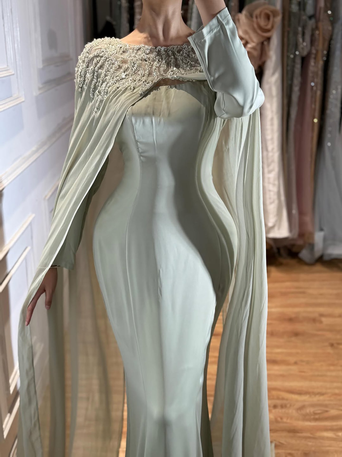 Luxury Green Beaded Cape Long Sleeve Satin Mermaid Dress LA73683