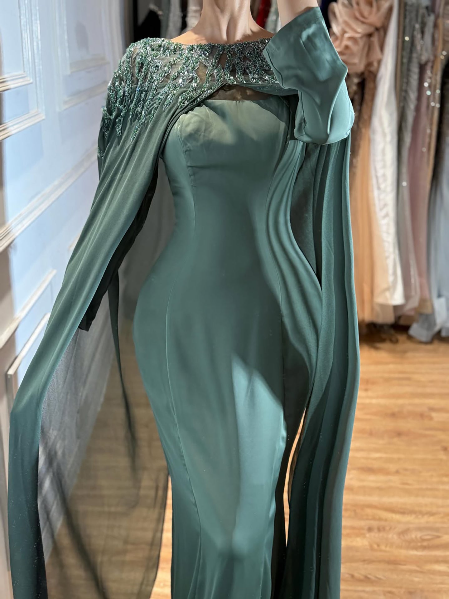 Luxury Green Beaded Cape Long Sleeve Satin Mermaid Dress LA73683