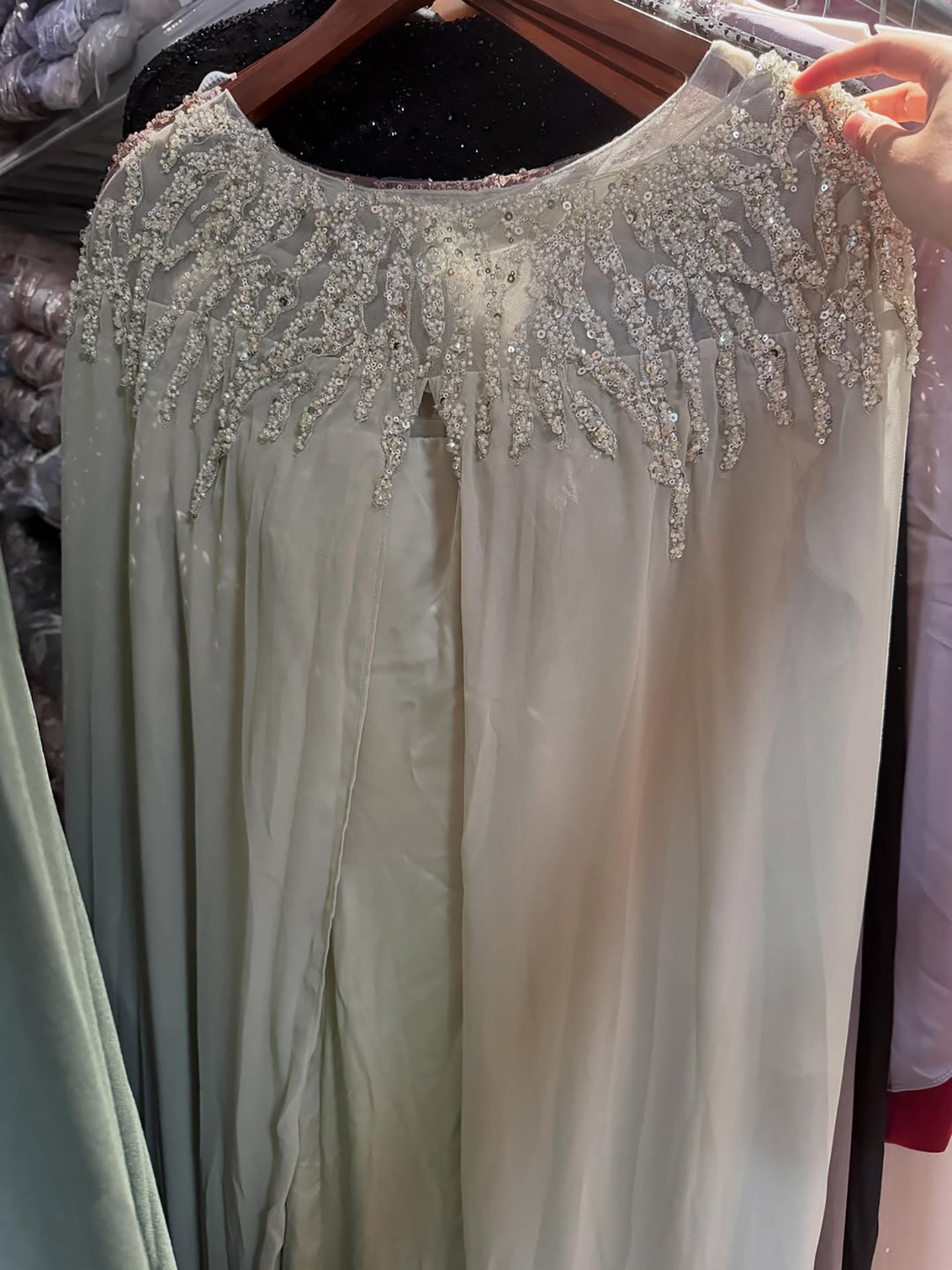 Luxury Green Beaded Cape Long Sleeve Satin Mermaid Dress LA73683