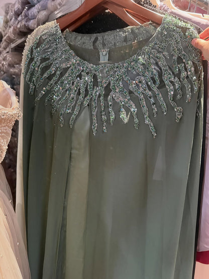 Luxury Green Beaded Cape Long Sleeve Satin Mermaid Dress LA73683
