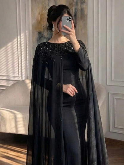 Luxury Green Beaded Cape Long Sleeve Satin Mermaid Dress LA73683