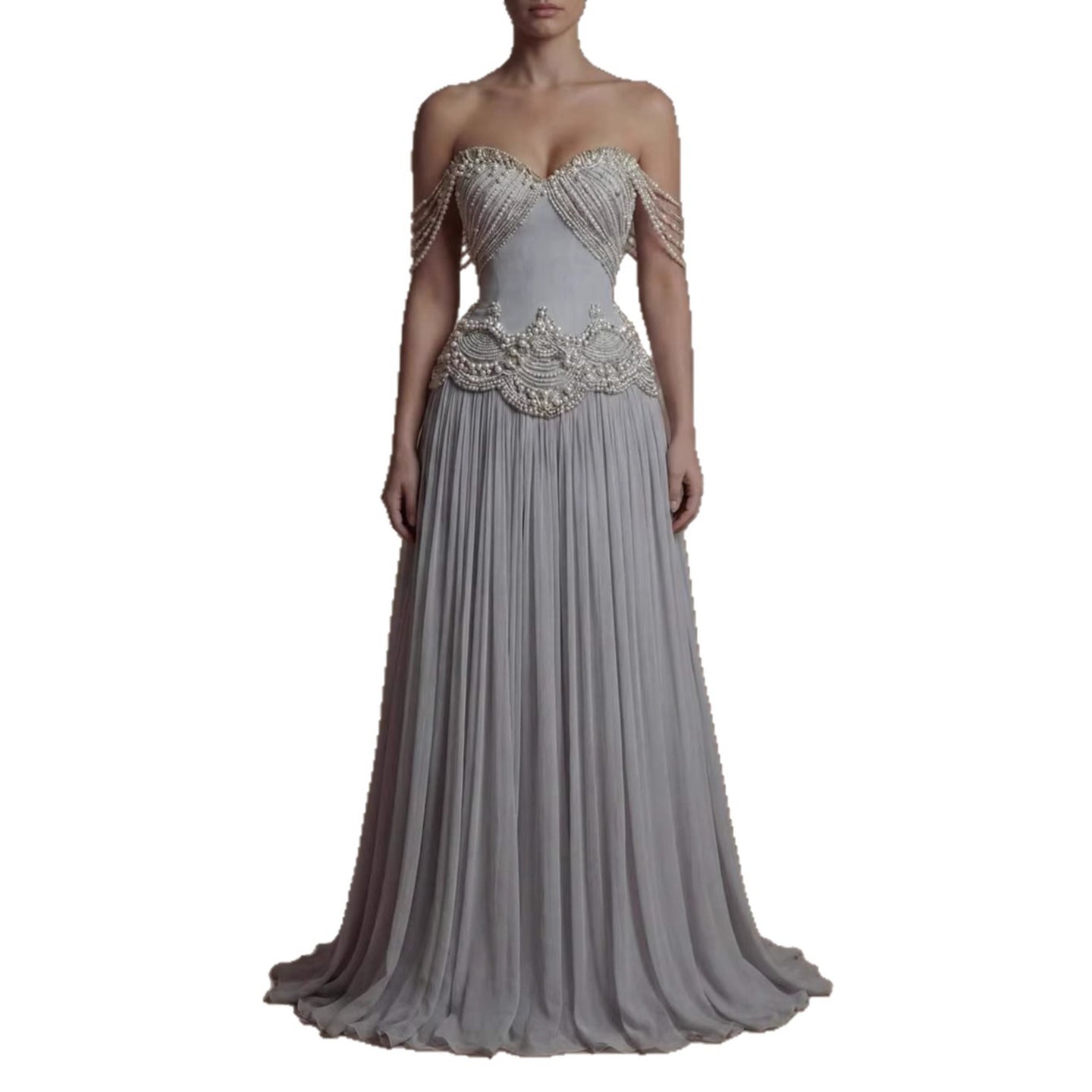 Luxury Gray Pearl Beaded Strapless A-Line Evening Dress LA73684