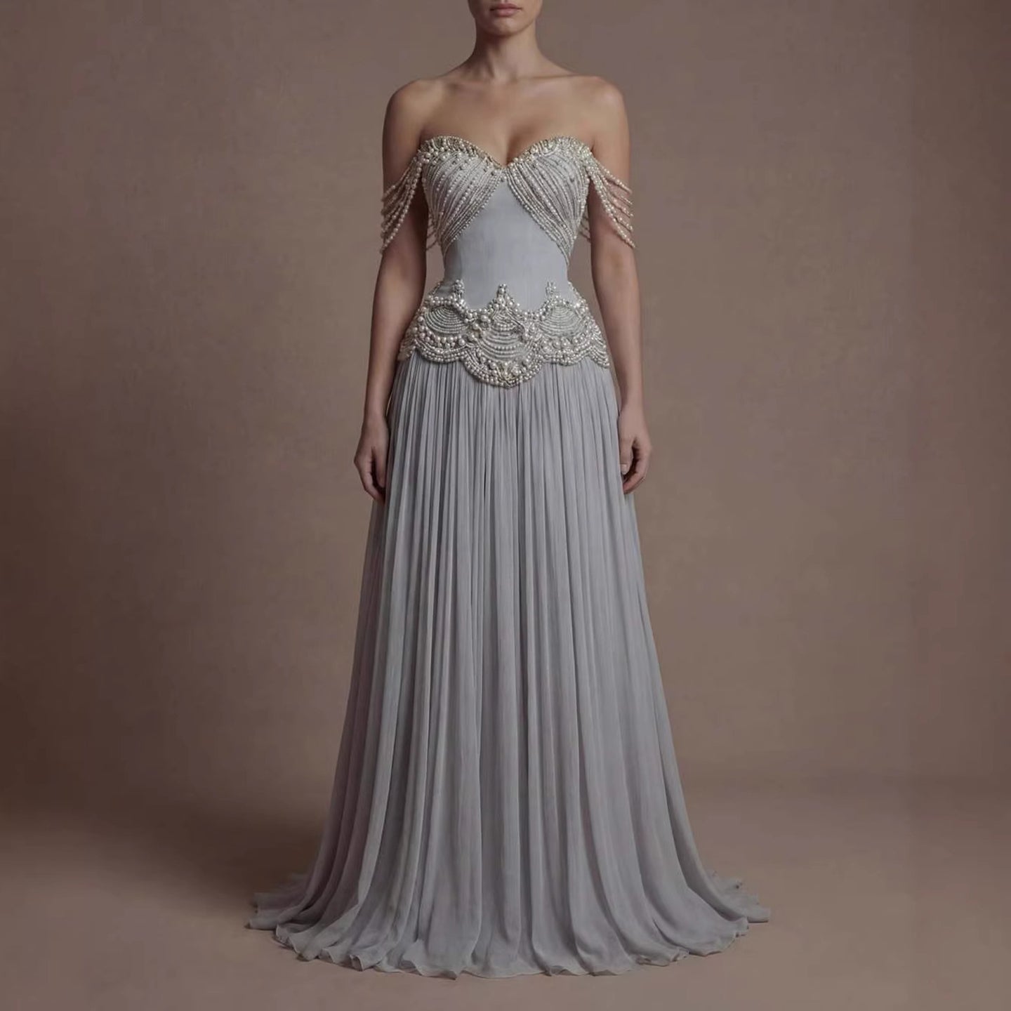 Luxury Gray Pearl Beaded Strapless A-Line Evening Dress LA73684