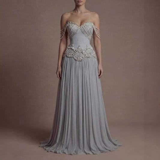Luxury Gray Pearl Beaded Strapless A-Line Evening Dress LA73684