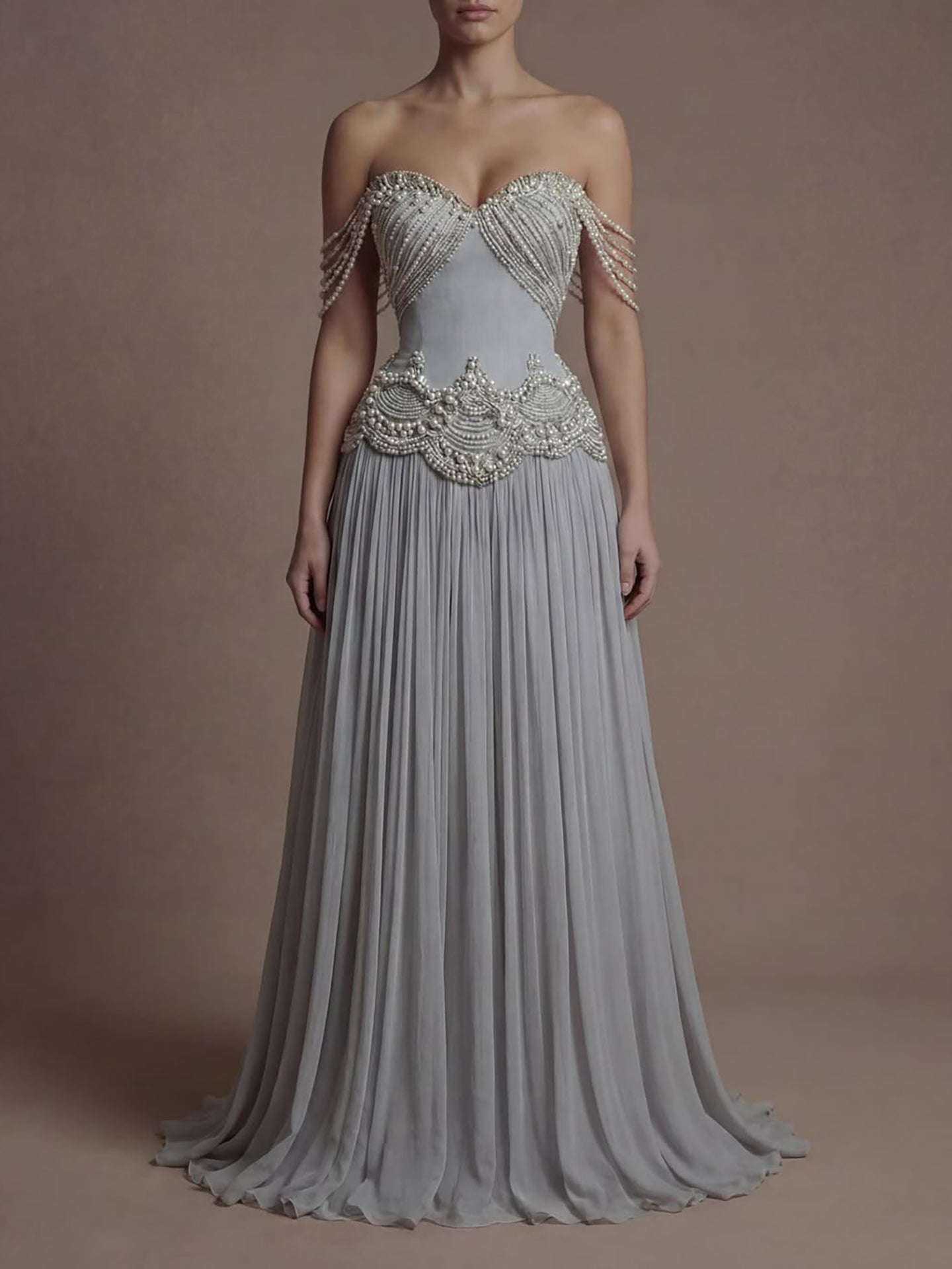 Luxury Gray Pearl Beaded Strapless A-Line Evening Dress LA73684