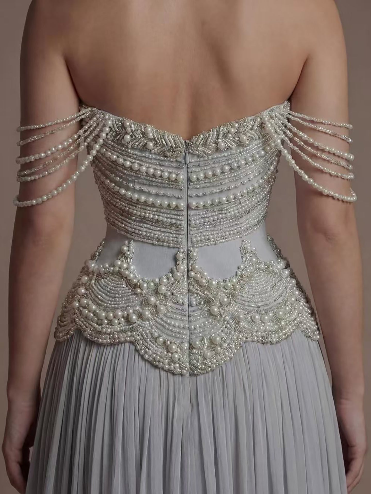 Luxury Gray Pearl Beaded Strapless A-Line Evening Dress LA73684