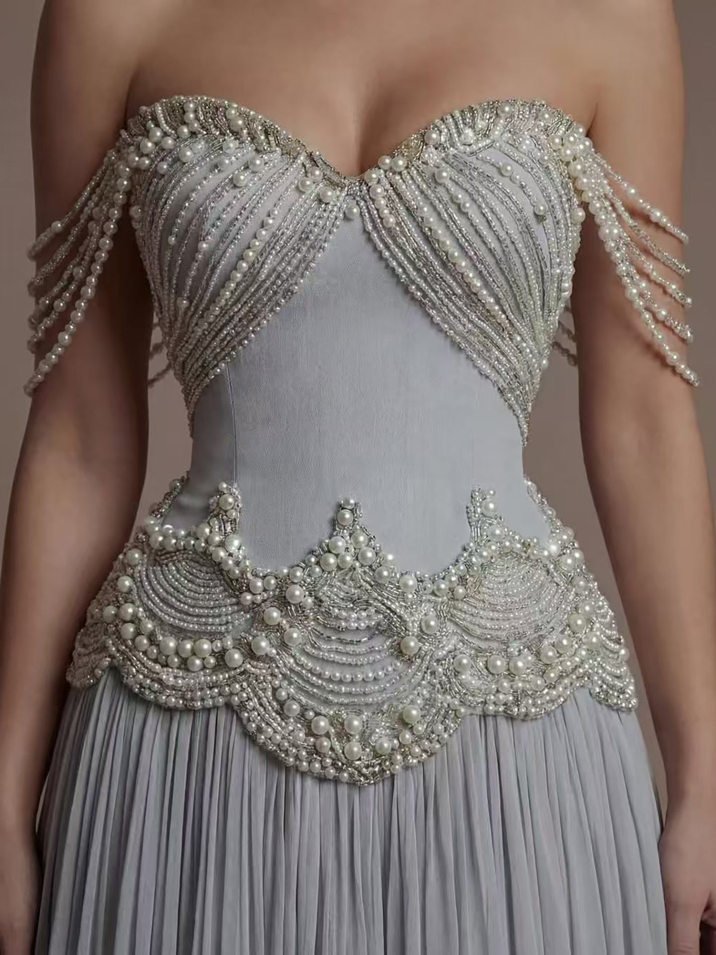 Luxury Gray Pearl Beaded Strapless A-Line Evening Dress LA73684