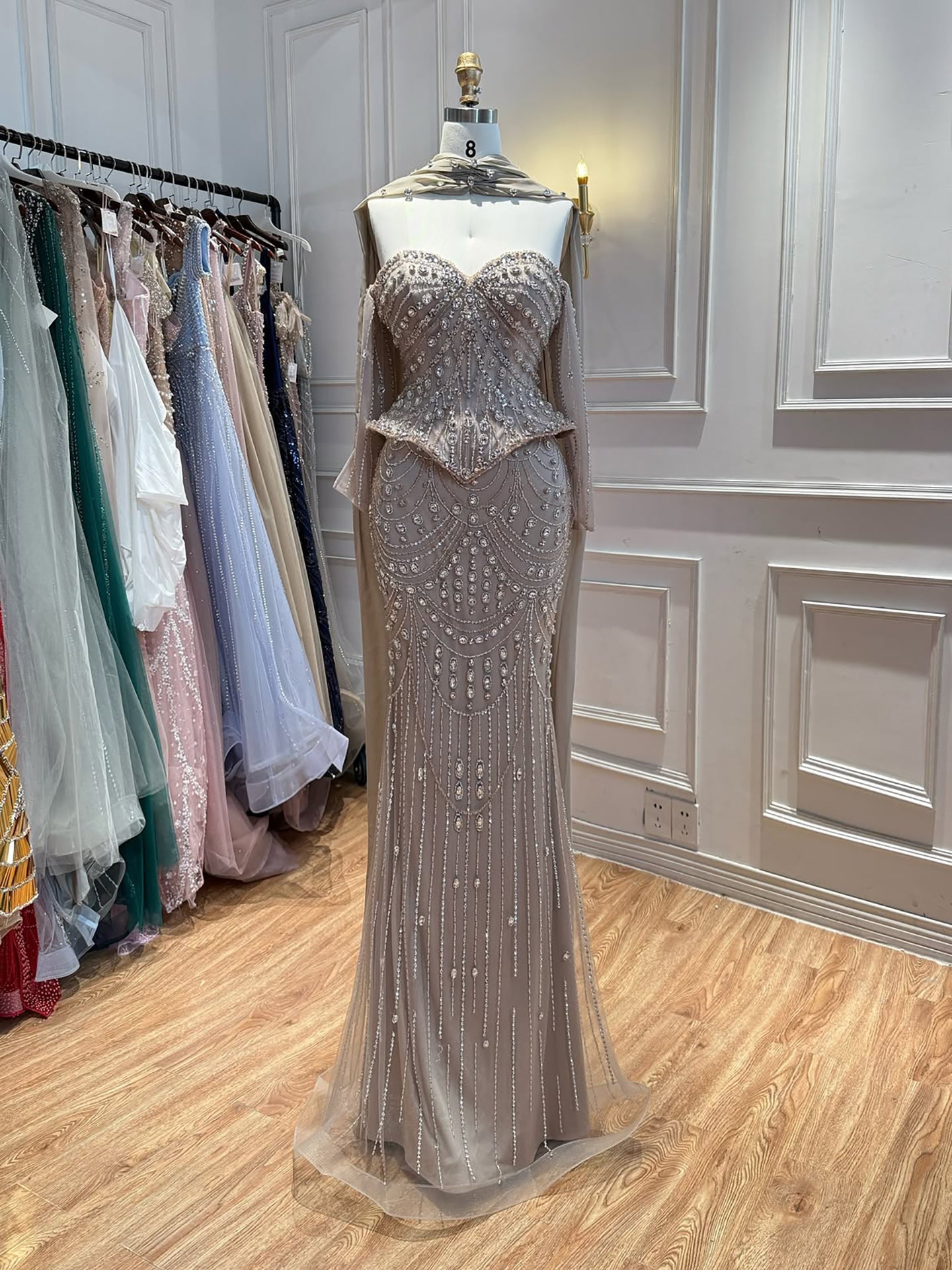 Luxury Caramel Crystal Beaded Mermaid Off Shoulder Evening Dress LA73686A