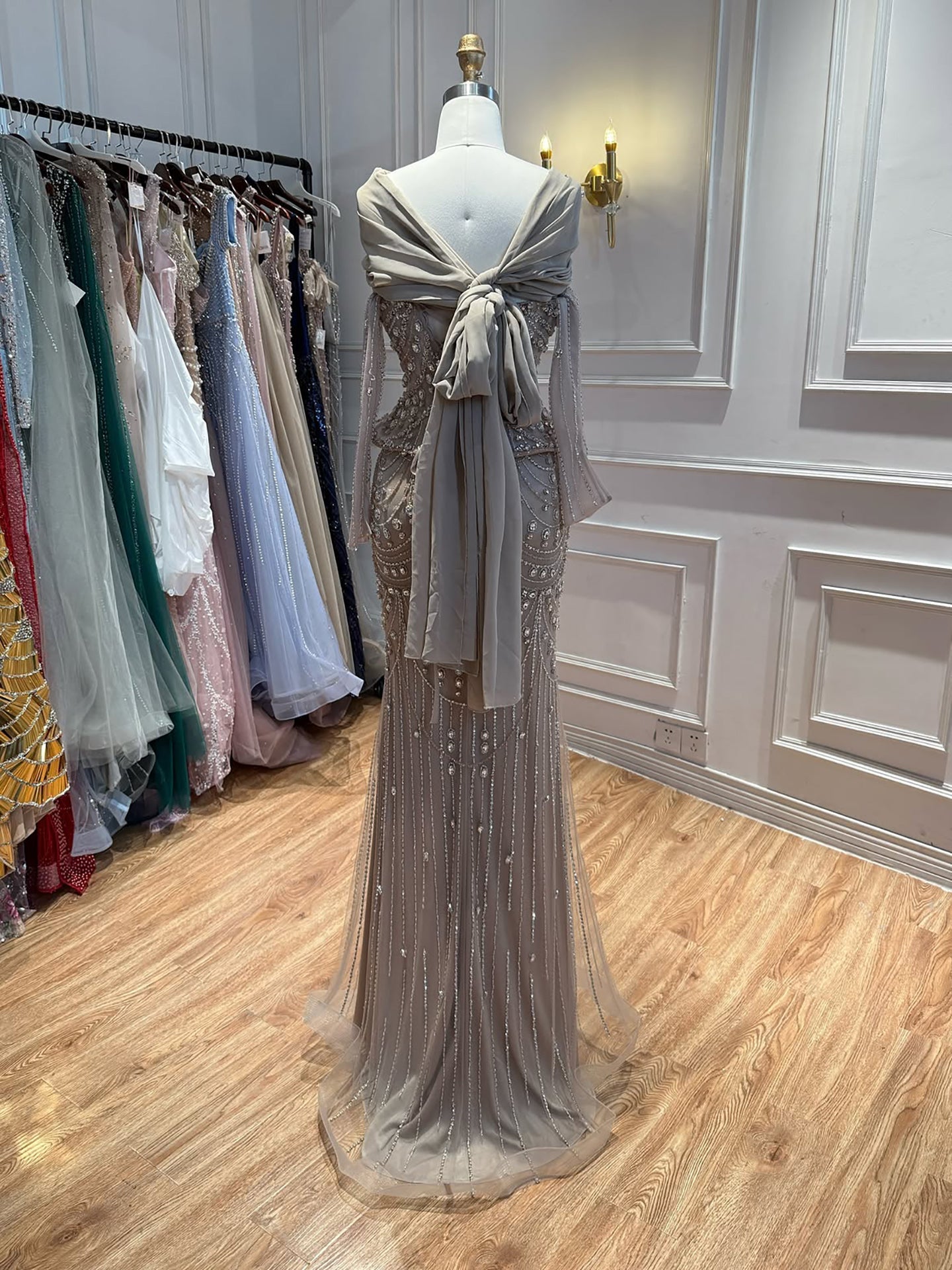Luxury Caramel Crystal Beaded Mermaid Off Shoulder Evening Dress LA73686A