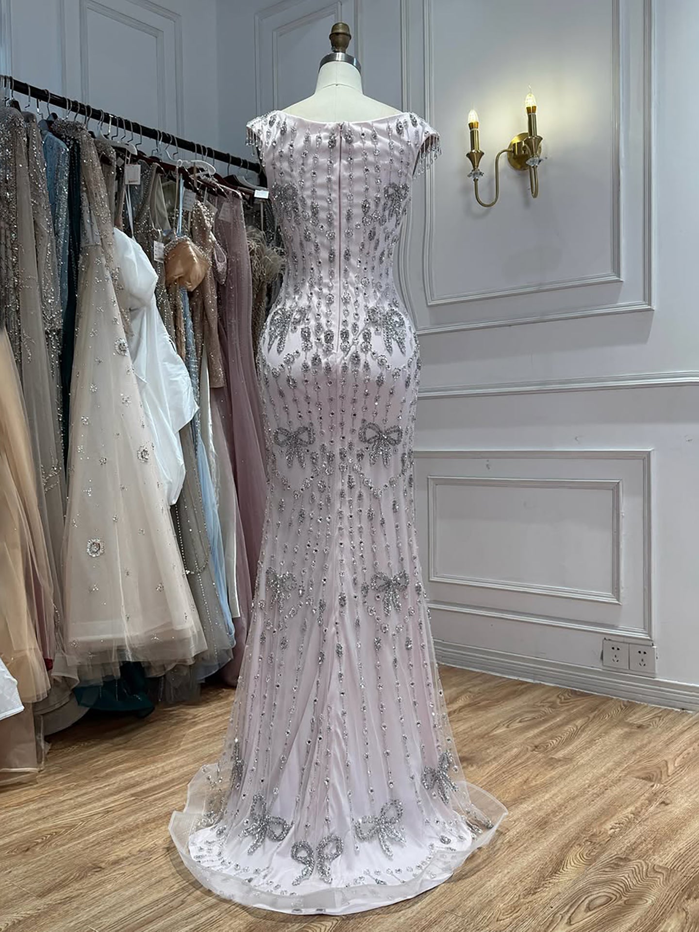 Luxury Pink Crystal Tassel Beaded Bow Mermaid Evening Dress LA73696A