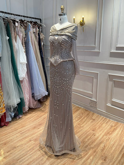 Luxury Caramel Crystal Beaded Mermaid Off Shoulder Evening Dress LA73686A
