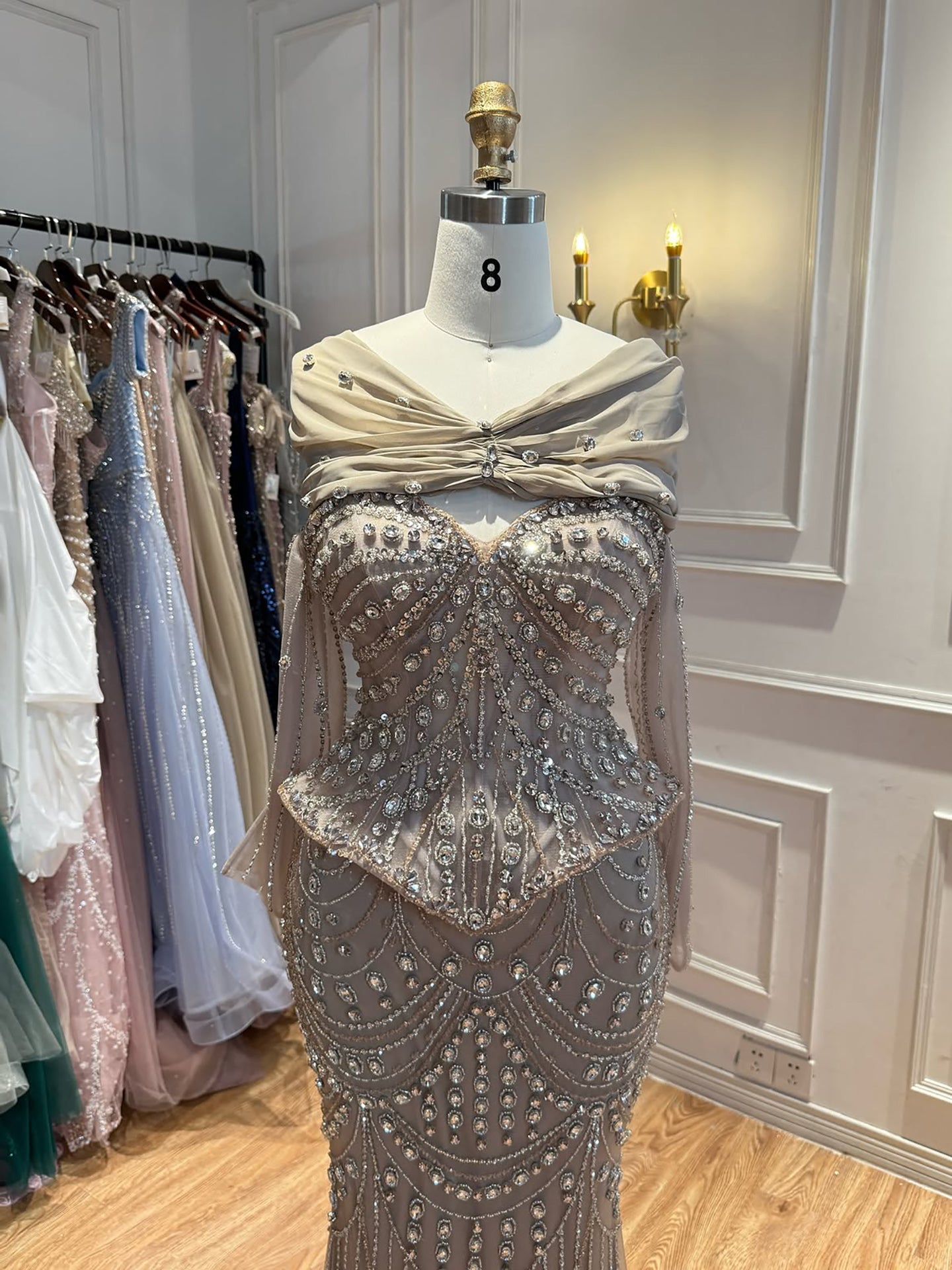 Luxury Caramel Crystal Beaded Mermaid Off Shoulder Evening Dress LA73686A