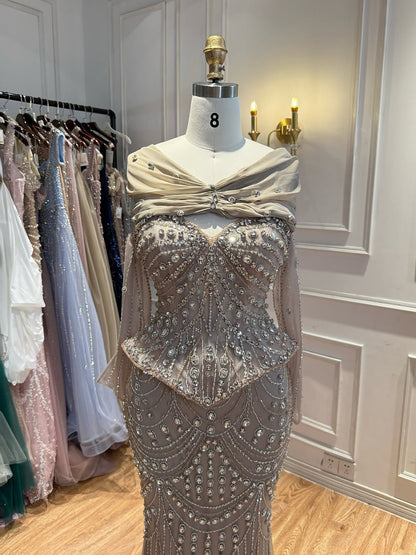 Luxury Caramel Crystal Beaded Mermaid Off Shoulder Evening Dress LA73686A