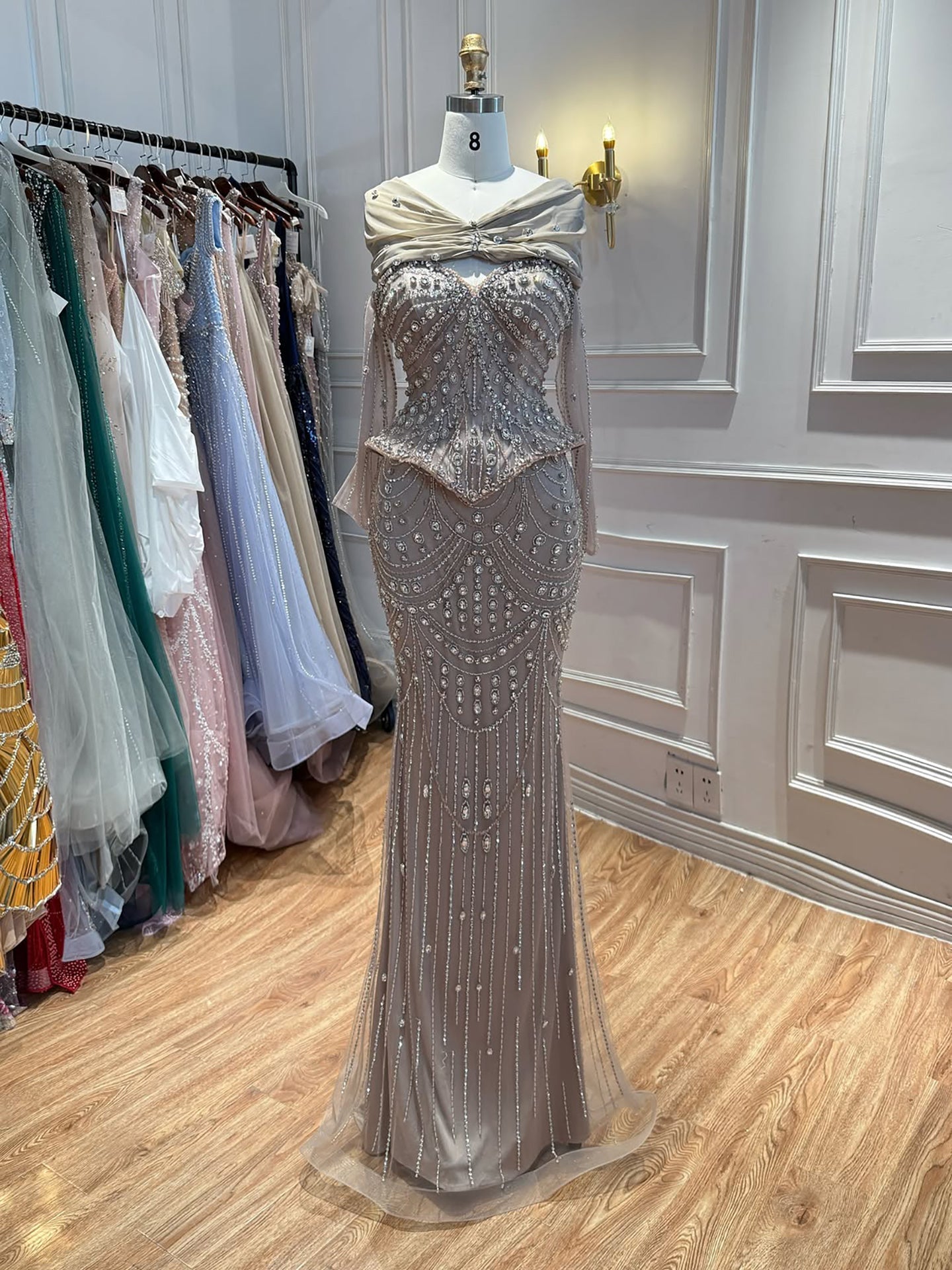 Luxury Caramel Crystal Beaded Mermaid Off Shoulder Evening Dress LA73686A