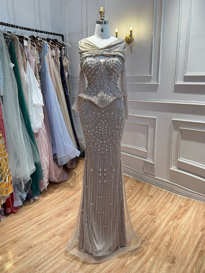 Luxury Caramel Crystal Beaded Mermaid Off Shoulder Evening Dress LA73686A